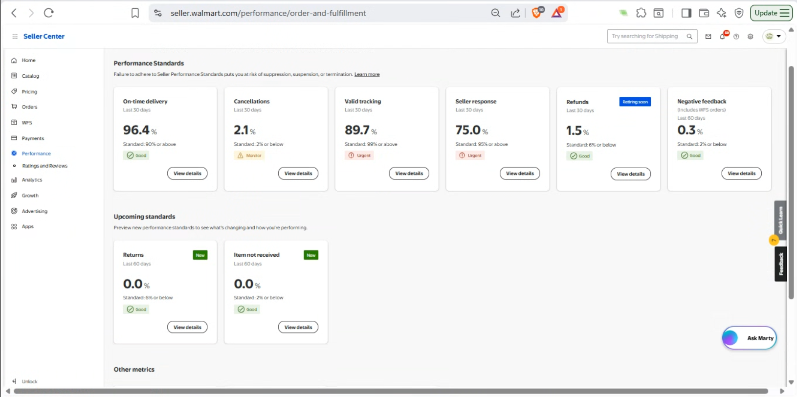 eBay Seller Hub before — 46.71% tracking, Above Standard